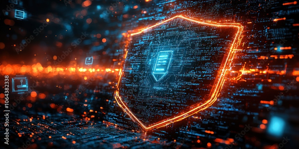 Poster Glowing Digital Shield with Data Protection Icon on a Circuit Board Background