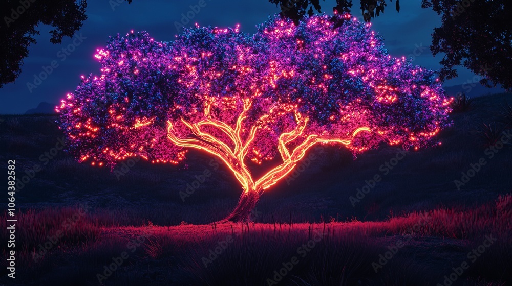Wall mural glowing neon tree in dark forest landscape with vibrant light effects and illuminated branches, crea