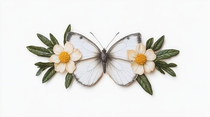 Obraz premium White Butterfly Illustration with Yellow Flowers and Green Leaves on White Background