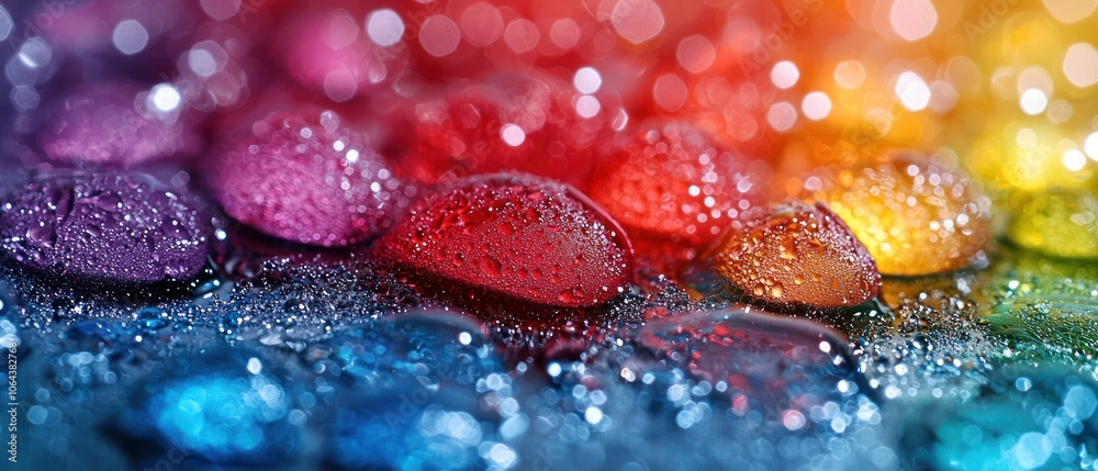 Poster colorful smooth stones covered in water droplets with bokeh background