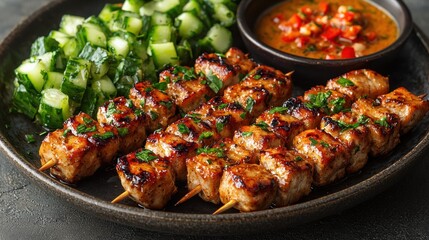 Fototapeta premium Grilled Chicken Skewers with Cucumber Salad and Spicy Sauce