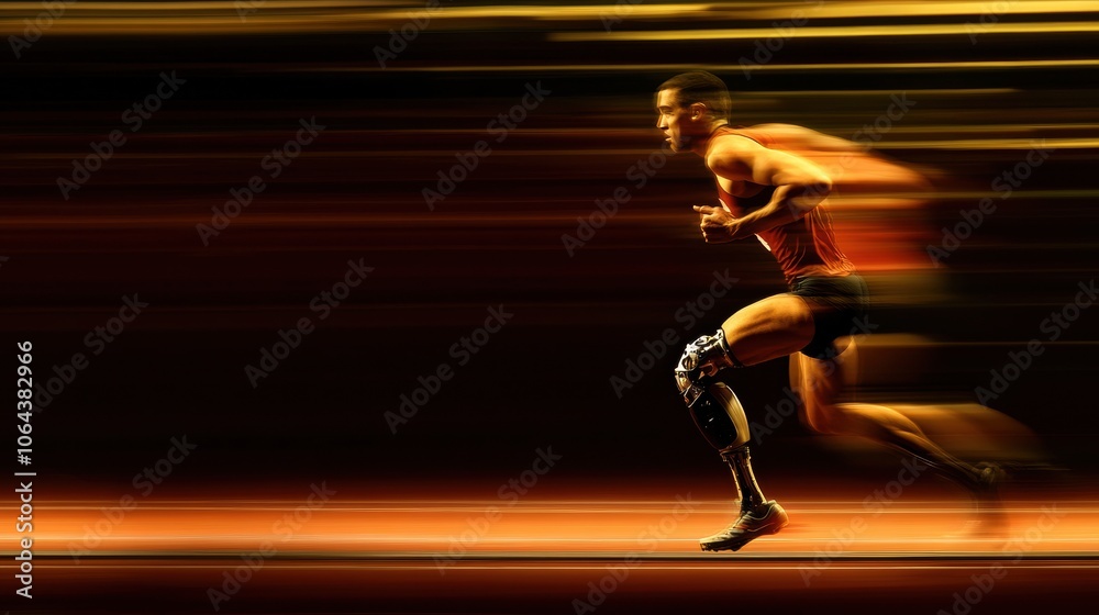 Aufkleber an athlete runs on a track with a prosthetic leg, demonstrating speed and agility during a competiti