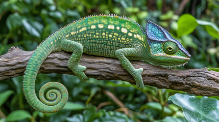 Obraz premium green chameleon sitting on a branch, natural forest background