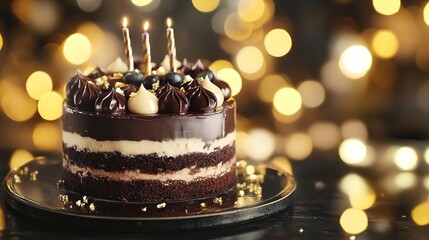 Chocolate birthday cake with colorful decorations, set against a light and festive background, perfect for celebrating special occasions with joy and sweetness.