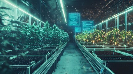 This image showcases an advanced hydroponic greenhouse facility featuring a futuristic technology driven approach to urban farming  The vertical cultivation system coupled with innovative lighting