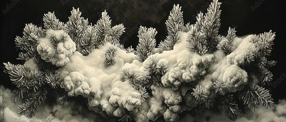 Poster a detailed close-up of pine branches covered in frost and snow