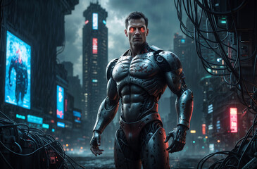 Naklejka premium Cyberpunk Cyborg in a Futuristic City
