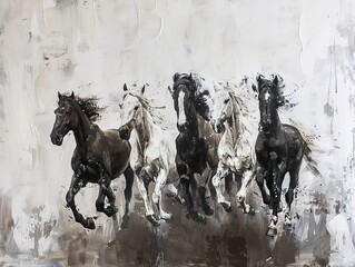 Fototapeta premium Black and White Horses Running: A Dramatic Equestrian Art Painting