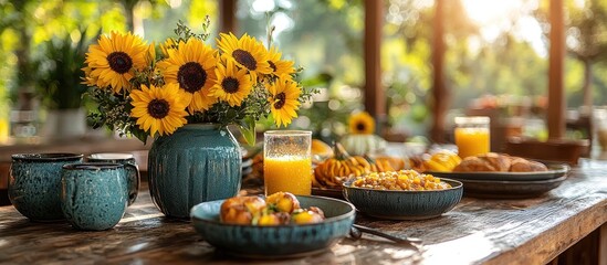 Sunflowers in a Vase on a Table with Breakfast Food
