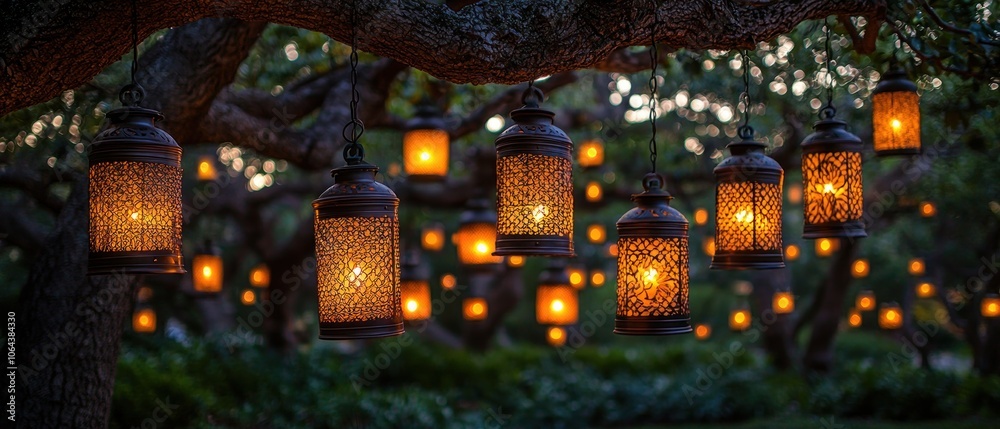 Poster ornate lanterns hanging from tree branch in twilight