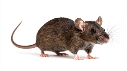 50.A detailed image of an adult rat standing sideways on a white background. The ratâ€™s sleek, dark fur is shown in detail, and its nose is pointed downward as it looks to the side. Its long, curved