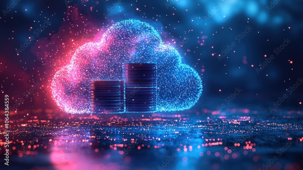 Fototapete stacks of data discs within a glowing cloud shaped from digital particles