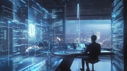 tech office with developer coding on multiple screens, futuristic technology, innovative environment, focused atmosphere