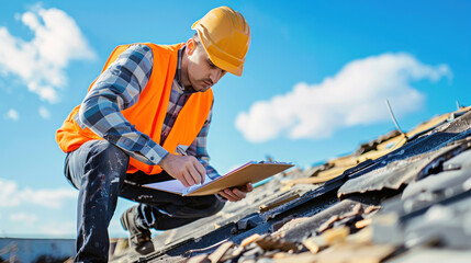 Construction Worker Inspecting Damaged Roof with Clipboard in Hand, Surrounded by Debris and Broken Shingles Against Blue Sky - Roof Assessment, Damage Inspection, and Repair Planning