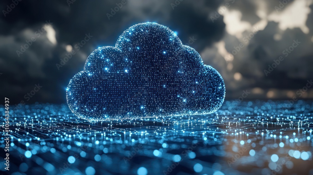 Leinwandbilder a glowing cloud shape made of digital data against a dark background with a grid of blue lights