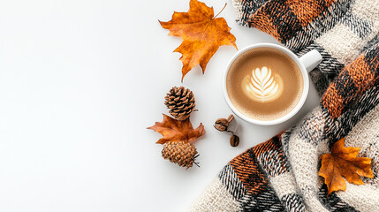 autumn composition with plaid cup of coffee on white background