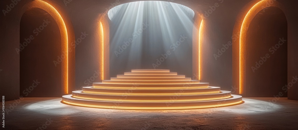 Poster Illuminated Circular Platform with Steps in an Architectural Space