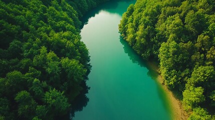 Scenic aerial view of serene river winding through lush green forest in tuchola natural park, showcasing the verdant landscape and natural beauty of poland's protected wilderness area
