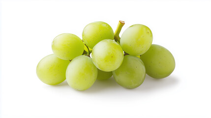 Fresh green grapes are arranged beautifully against clean white background, showcasing their vibrant color and natural shine.