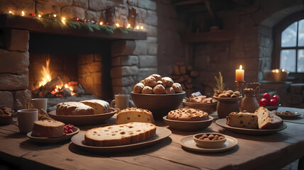 Fototapeta premium Cozy Christmas Eve Baking: Rustic Christmas scene with a variety of delicious homemade cakes and pastries arranged on a wooden table in front of a warm fireplace. The perfect image for holiday cards.