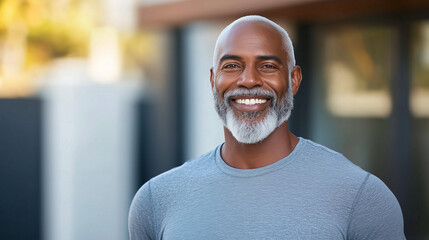 Fototapeta premium smiling man with beard, wearing gray shirt, stands outdoors. His joyful expression conveys warmth and confidence, set against blurred background.