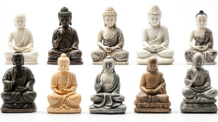 Diverse Buddha Statues Collection on White Background