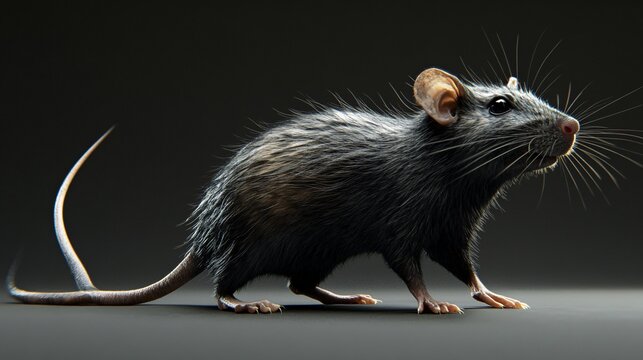 52.A side profile of a fully grown rat with dark, glossy fur. The rat stands on its hind legs with its head tilted downward, highlighting its agile posture. The tail is long and slender, curling