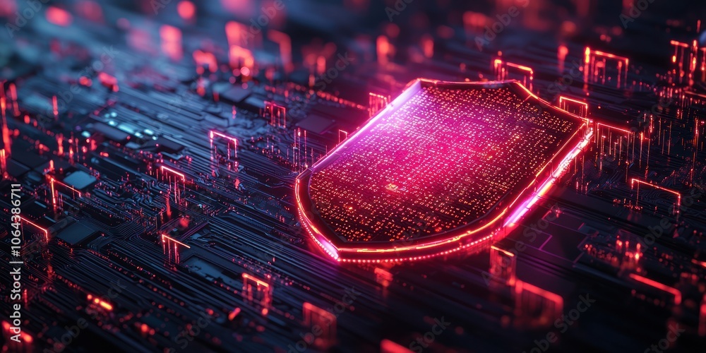 Poster glowing shield symbol on a futuristic circuit board