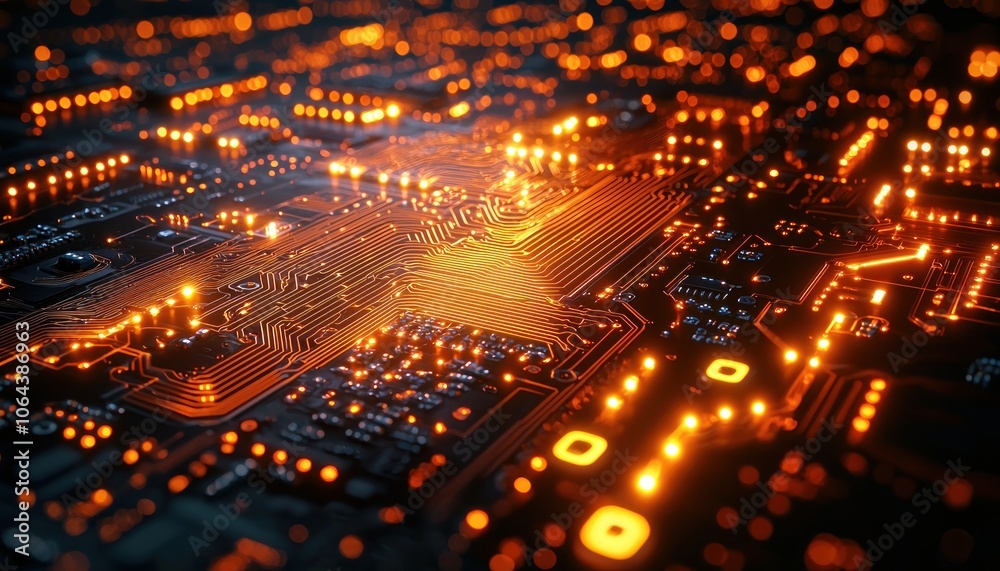 Poster Close-up of a glowing circuit board with intricate pathways and orange lights