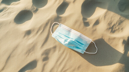 Disposable face mask lying on a soft, sandy beach, showing the contrast between natural and man-made materials in a simple composition