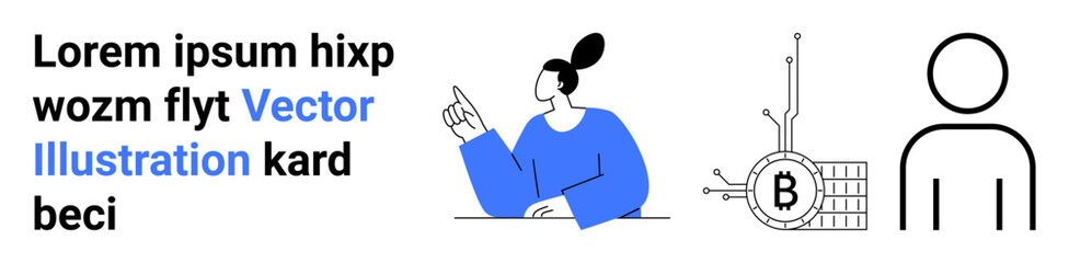 Minimalist person in blue, schematic Bitcoin blockchain representation, and human outline. Ideal for technology, finance, cryptocurrency, fintech, blockchain, digital identity, educational content