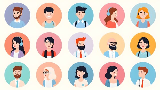 Modern Diverse Avatar Collection in Pastel Circles - Flat Design Profile Pictures for Business and Social Media Applications