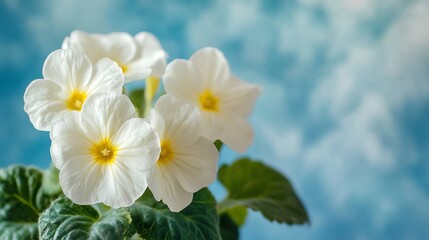 Obraz premium delicate spring forest with white primroses on a soft sky-blue background, close-up macro of floral nature with blurred background and space for text, romantic and gentle artistic atmosphere