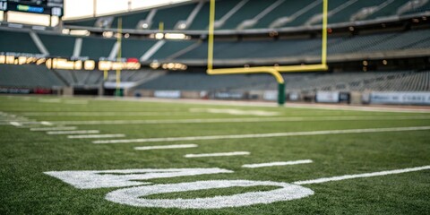 A close-up view of a football field within the stadium with goalposts and field markings, turf, speed, landscape, strategy