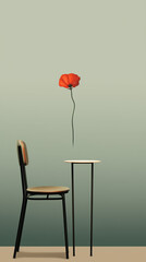 A chair stands beside a simple table, while a vibrant red flower hovers above it, creating an elegant minimalistic atmosphere in soft green hues, poppies mood