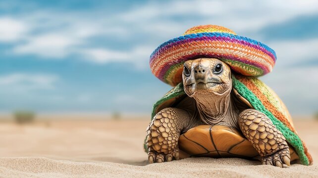 Cute desert tortoise in a colorful sombrero and mini poncho, standing in a sandy landscape, tortoise in sombrero, 3D illustration