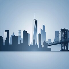 City skyline silhouette of skyscrapers and buildings in an urban landscape with a reflection