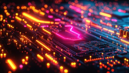 Obraz premium Close-up of a Circuit Board with Glowing Orange and Pink Lines