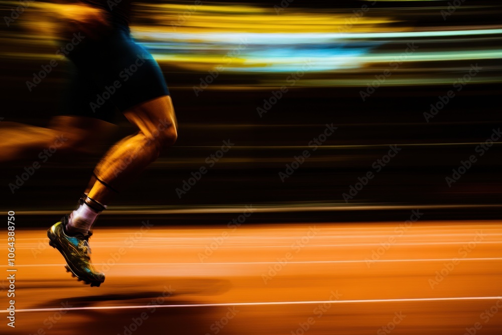 Poster An athlete with a prosthetic leg is sprinting on a track, showcasing determination and skill during a late training session. Generative AI