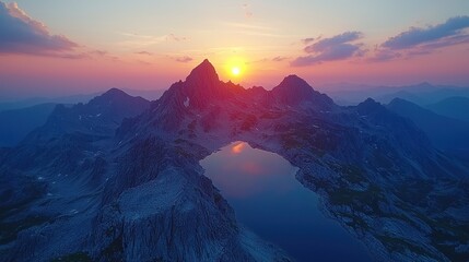 Sunset Over Mountain Range with Lake in the Valley