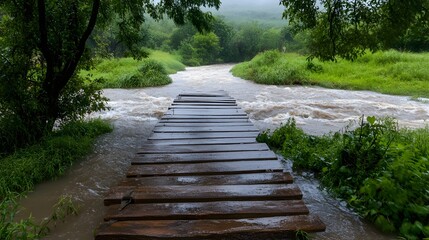 Obraz premium A bridge collapsing under the pressure of floodwaters, with debris piling up and water rising