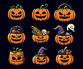 Pumpkin element set. Halloween illustration. Horror and spooky element. Isolated on black background. Fit for banner, poster, symbol, background, apparel, cover. Vector Eps 10.