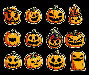 Pumpkin element set. Halloween illustration. Horror and spooky element. Isolated on black background. Fit for banner, poster, symbol, background, apparel, cover. Vector Eps 10.