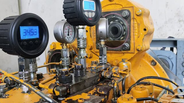 Balikpapan-east Kalimantan November 05,2024 Running test a transmission komatsu grader 8250 on a test bench or dyno test,showing pressure value in digital pressure guide