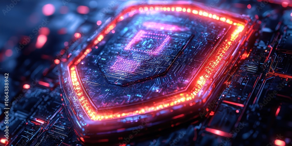 Poster a glowing shield-shaped circuit board with red and blue lights