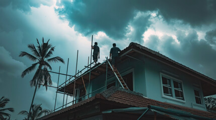 Two South Asian workers on scaffolding against a dramatic cloudy sky, working on a house construction project in a tropical setting.