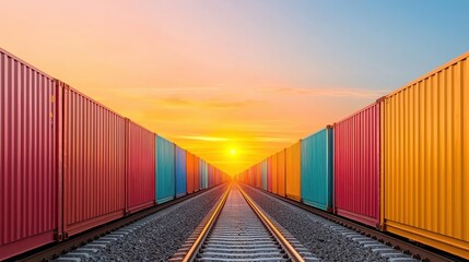 Fototapeta premium Explore the vibrant sunrise over a train yard filled with colorful shipping containers