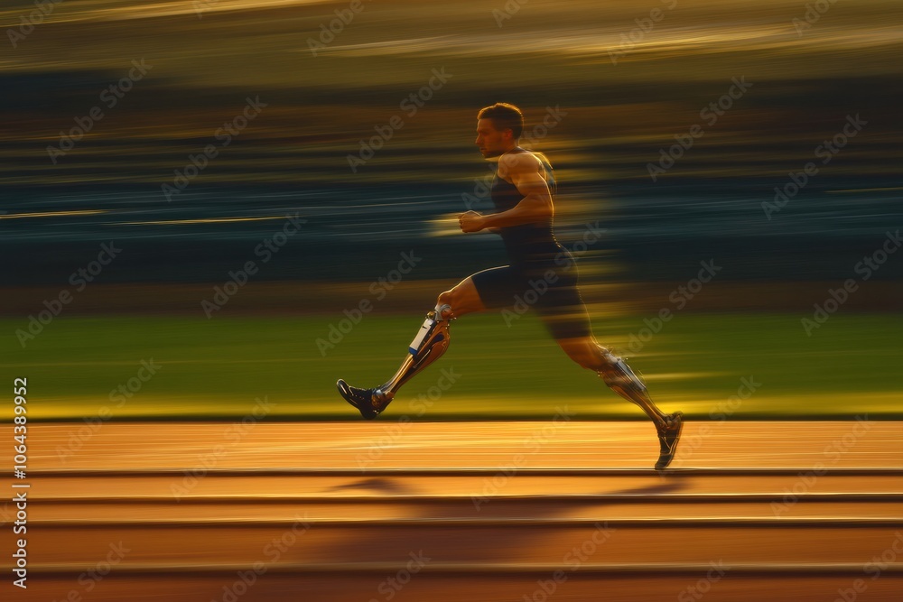 Aufkleber An athlete runs swiftly on a track with a prosthetic leg, demonstrating strength and focus as the sun sets in the background. Generative AI