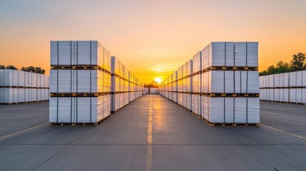 Obraz premium Optimize warehouse operations by effectively managing stackable pallet storage for enhanced efficiency at sunset