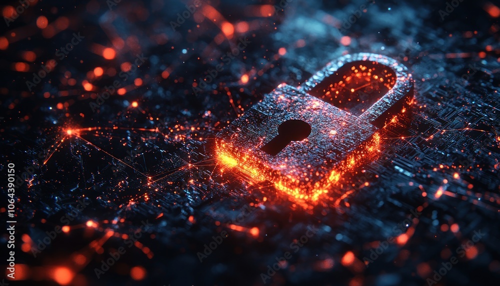 Poster glowing metal padlock with circuit board background and sparkles